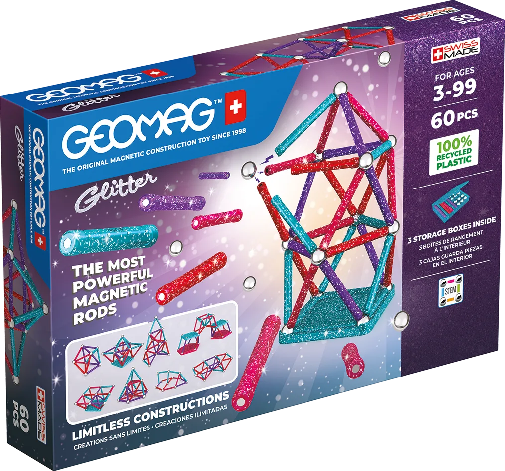 Geomag Glitter Recycled 60 piece magnetic construction set box showing pink teal and purple glitter rods and 3D structures, ages 3 to 99