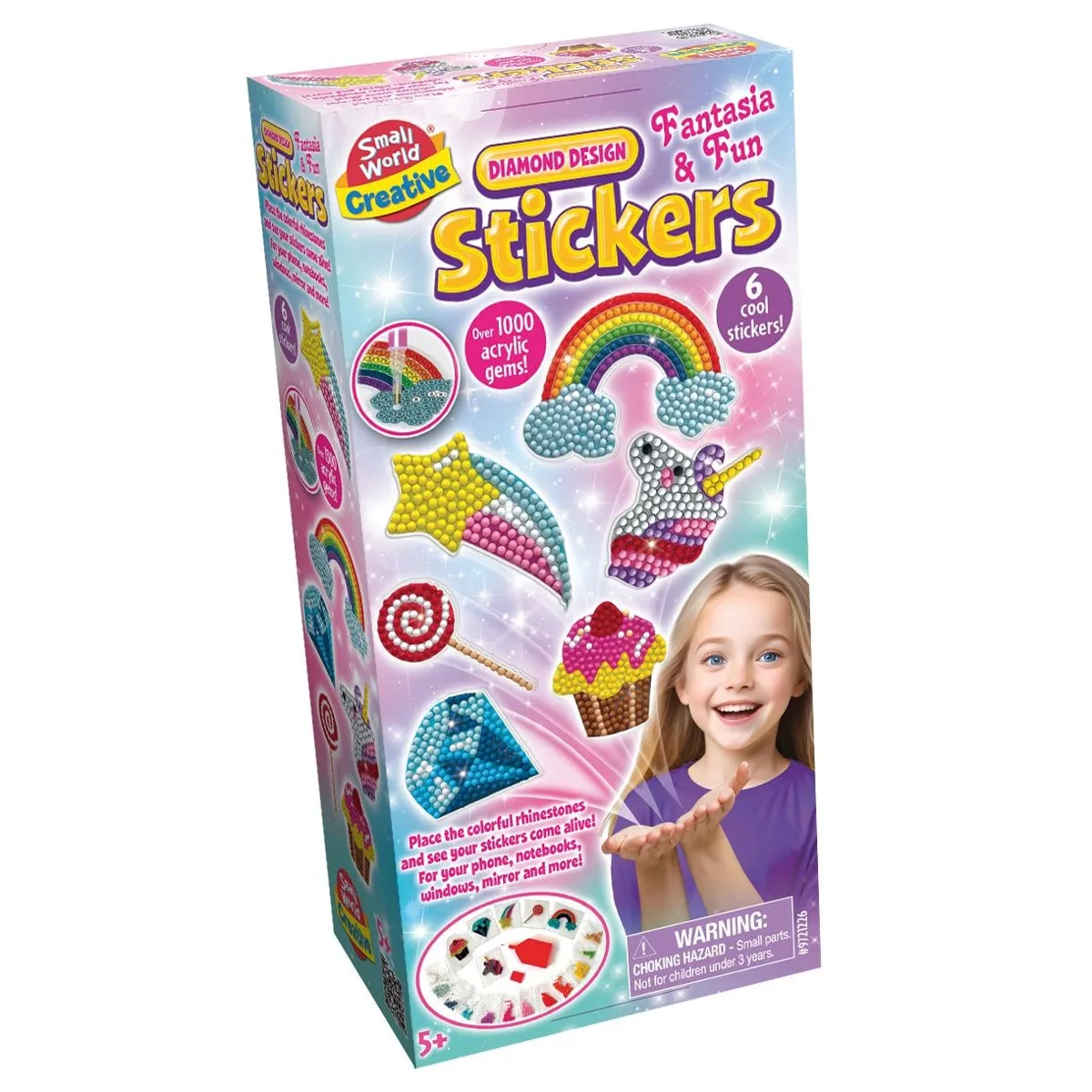 The box for the Small World Creative Diamond Design Stickers Fantasia & Fun kit, showing the sparkling finished stickers of a rainbow, unicorn, and cupcake.
