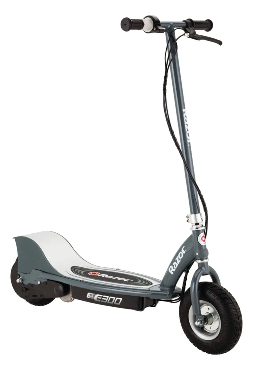 Razor E300 electric scooter in matte grey with 9-inch pneumatic tyres, steel frame, twist-grip handlebars and retractable kickstand, on white background