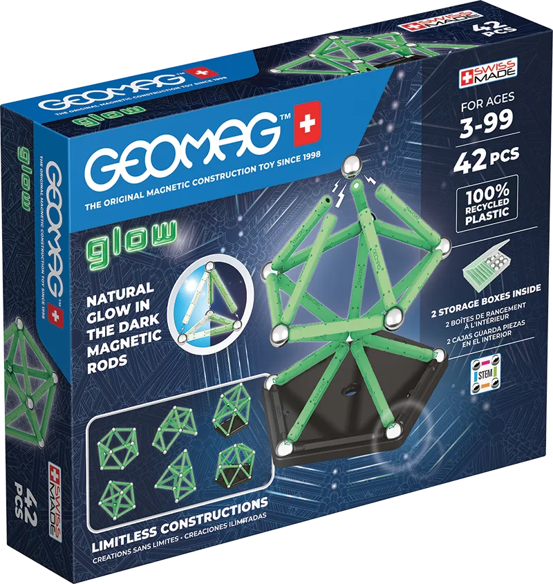 Geomag Glow Recycled 42 Pieces Set box showing glow-in-the-dark green magnetic rods and steel spheres forming a 3D dome structure, ages 3-99