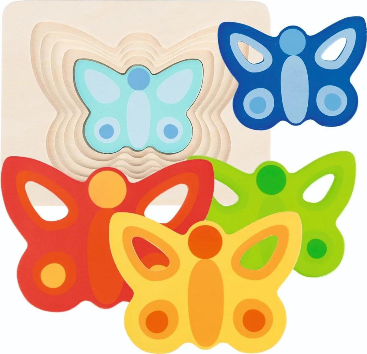 The Goki Butterfly Layer Puzzle board, with four colourful butterfly pieces of different sizes shown next to it.