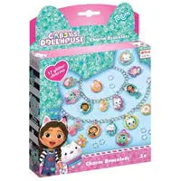 The box for the Totum Gabby's Dollhouse glitter charm bracelets kit, showing a silver chain bracelet decorated with multiple character charms.