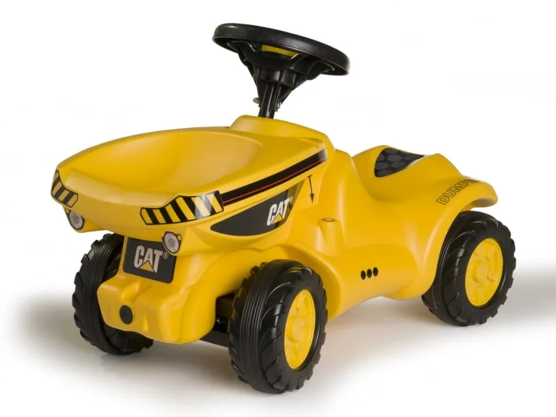 Rolly Toys Minitrac CAT Dumper foot-to-floor ride-on in yellow and black with tipping bucket, steering wheel and rubber-tread wheels, ages 18 months to 4 years