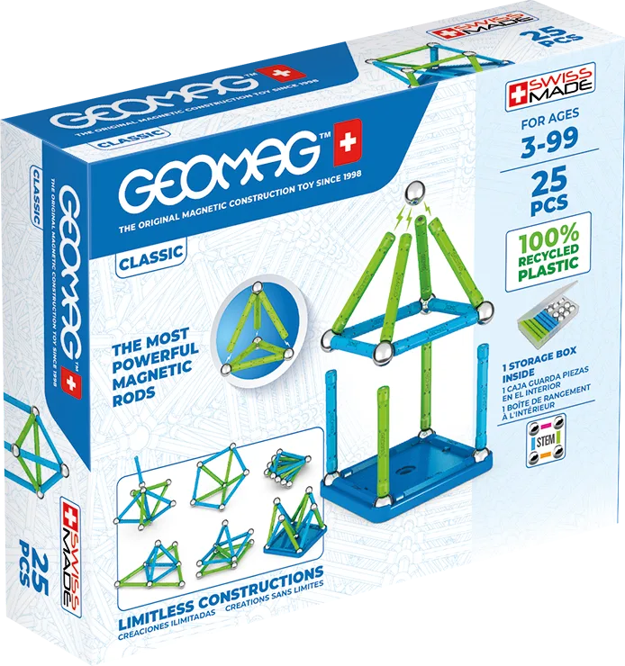 Geomag Classic 25-piece magnetic construction set box showing blue and green rods, steel spheres and a square base panel, ages 3 plus