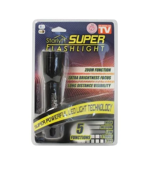 Starlyf Super Flashlight in blister packaging showing 5 light modes, zoom function, and 1200-lumen LED torch features on the front of the box