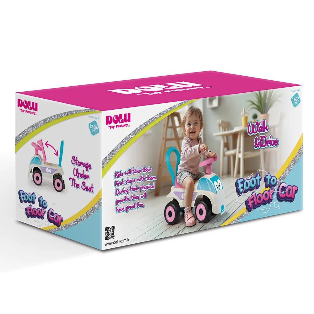 Dolu Foot to Floor Car product box showing age range 12-36 months, walk and drive features, and toddler riding the white and pink sit-on car indoors.