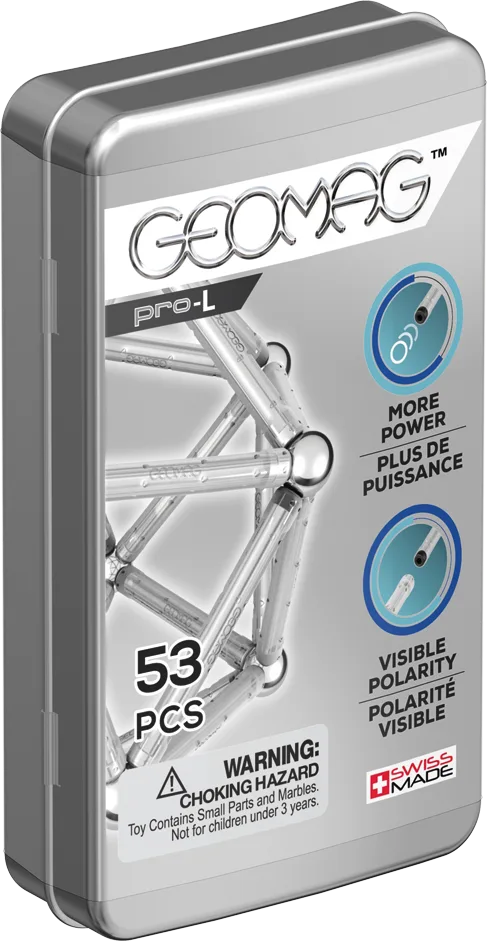 Geomag Pro-L Pocket Set 53 Pieces in silver metal tin showing magnetic rod construction and visible polarity indicator feature