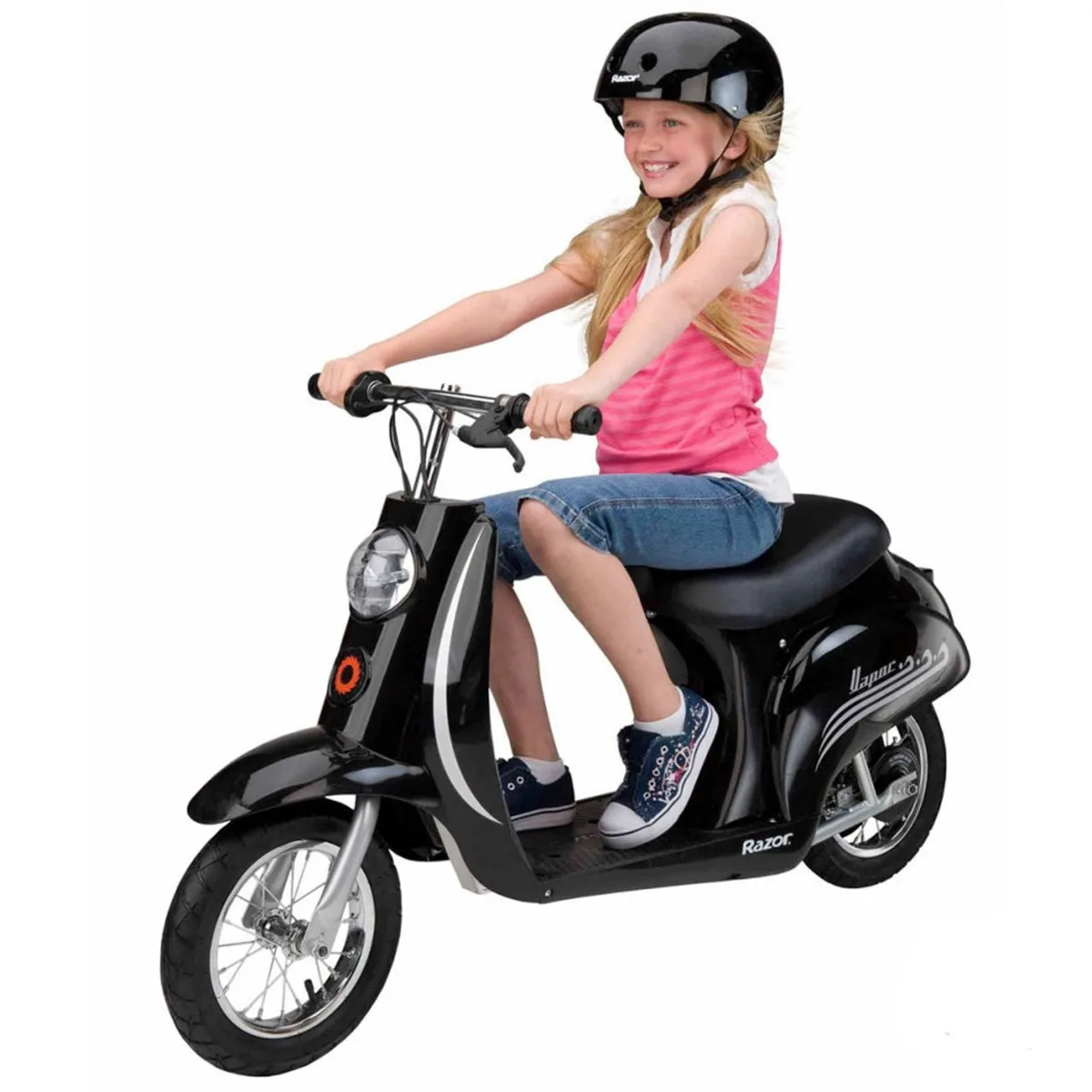 Razor Pocket Mod Vapour 24V electric scooter in black, ridden by a smiling girl wearing a Razor helmet, side-on view on white background