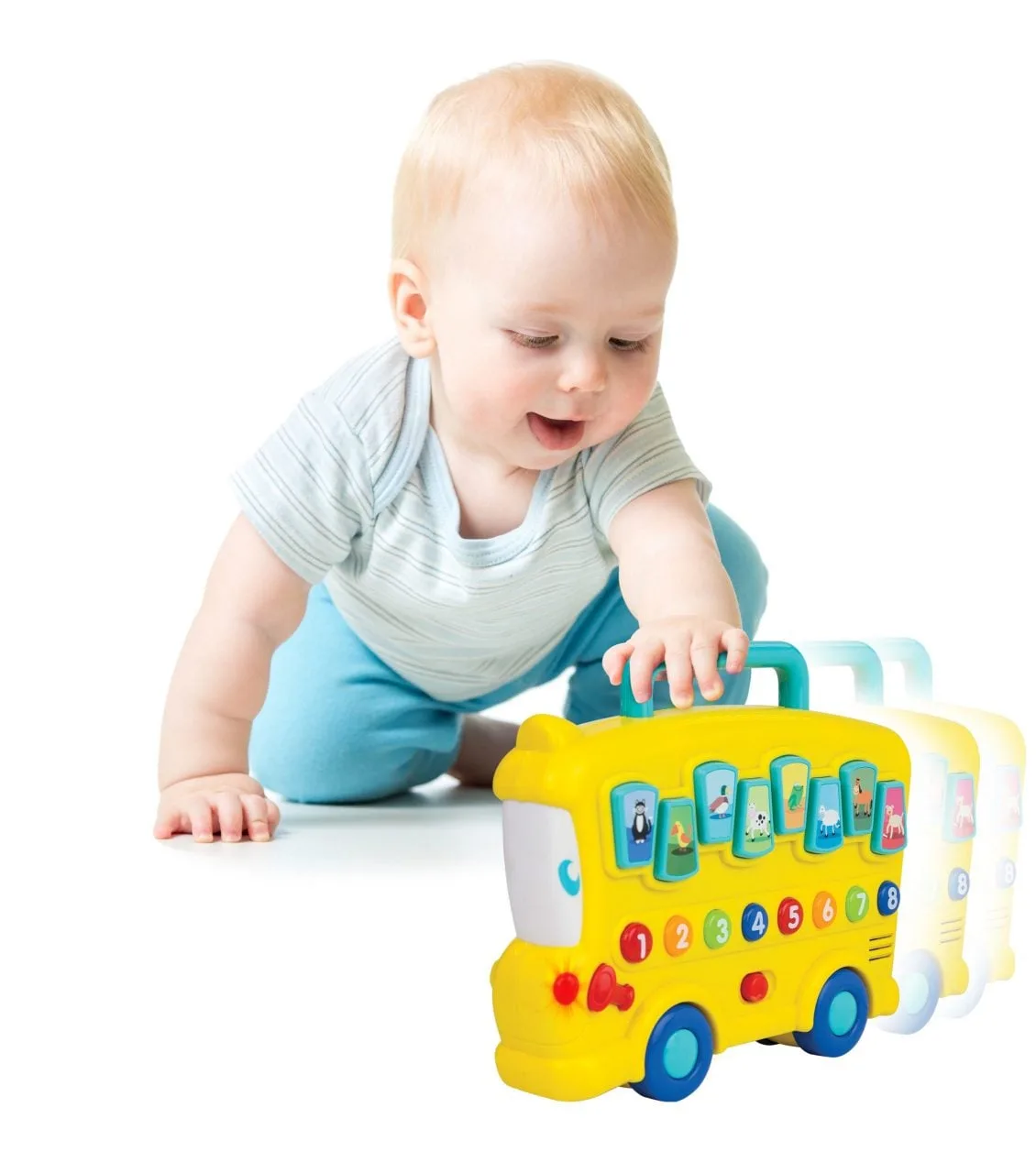WinFun Animal Sounds Bus yellow push-along learning toy with number buttons and animal sound effects for toddlers aged 12 months and up