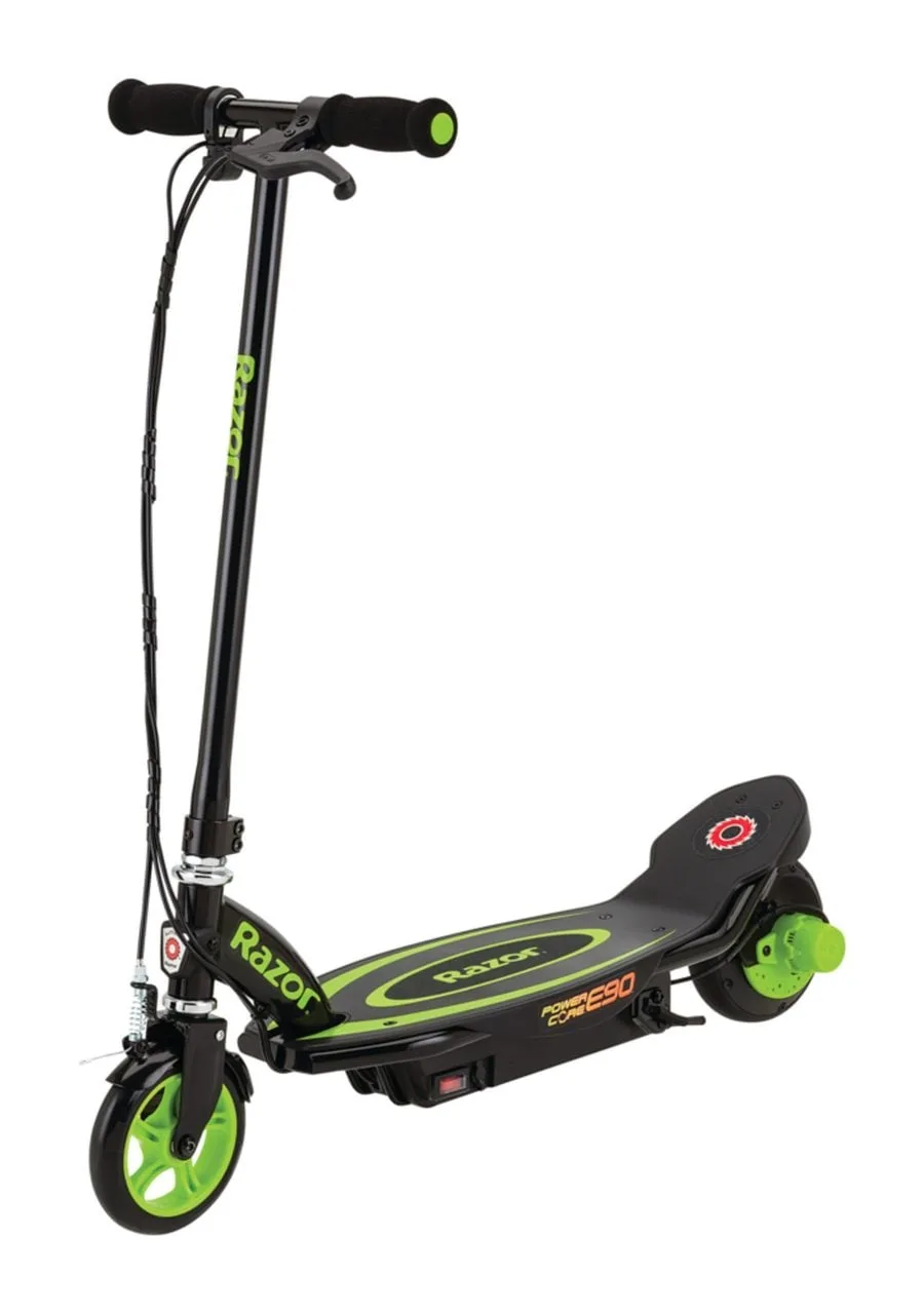 Razor Power Core E90 green electric scooter with black steel frame, green wheels, push-button throttle, and hand brake on white background