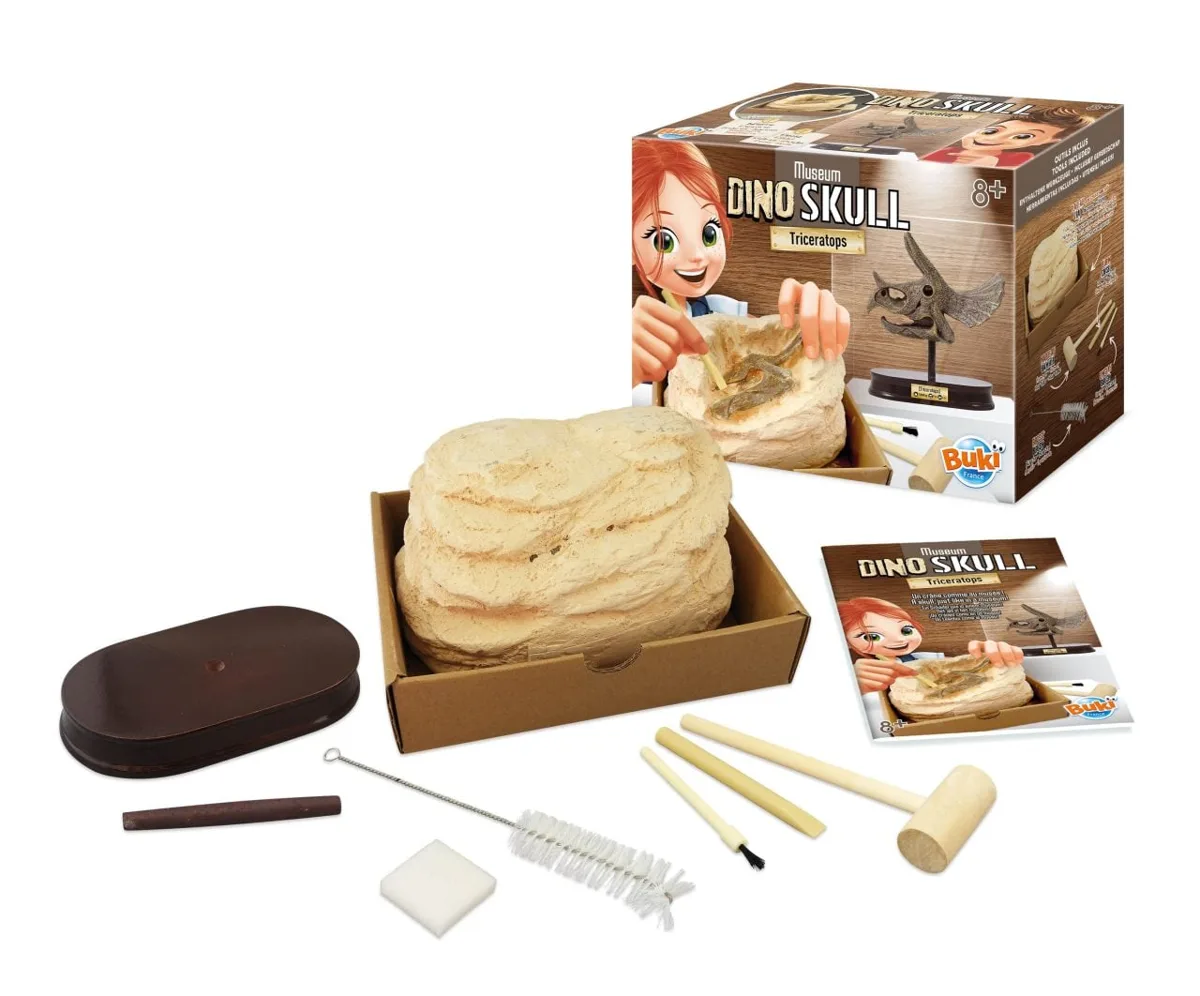 Buki Museum Dino Skull Triceratops excavation kit showing plaster block, hammer, chisels, brushes, sponge, display plinth and instruction booklet
