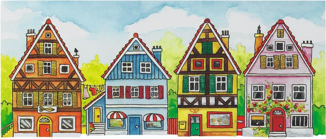 Goki finger puppet theatre village street backdrop showing four colourful illustrated townhouses for imaginative storytelling play