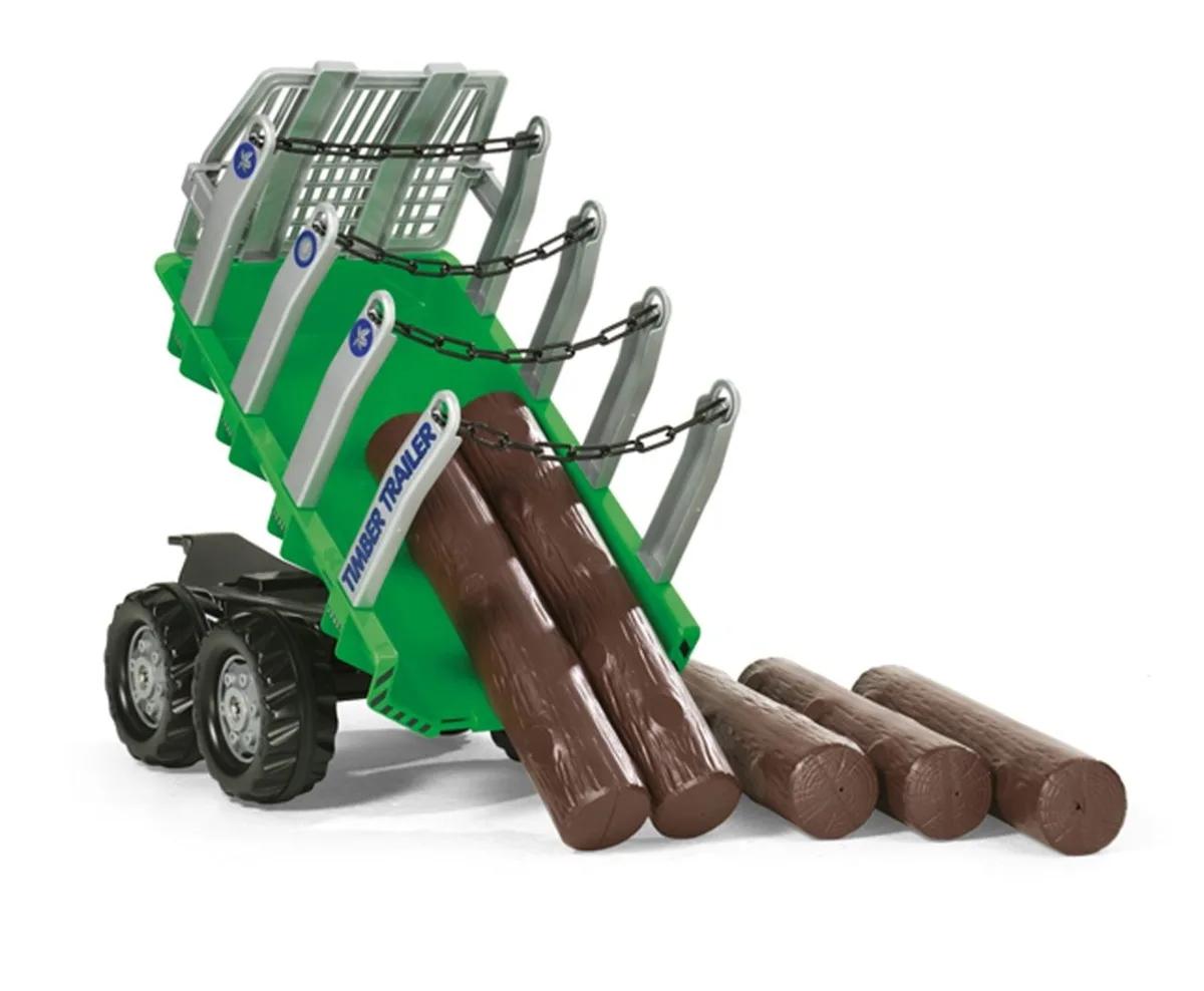 Rolly Toys green timber trailer with twin axle, removable stakes, chains and five brown plastic play logs on a white background