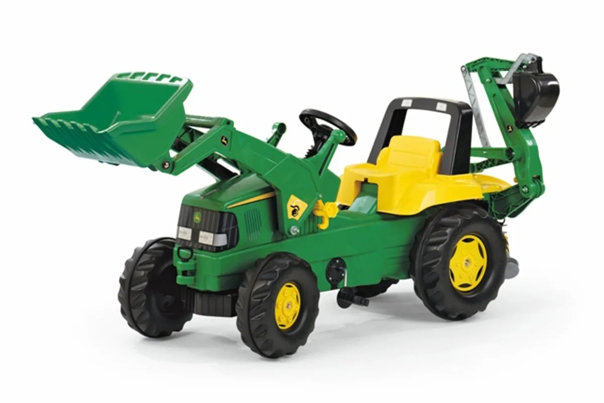 Rolly Toys rollyJunior John Deere green and yellow pedal tractor with raised front loader bucket and rear backhoe excavator arm, on white background
