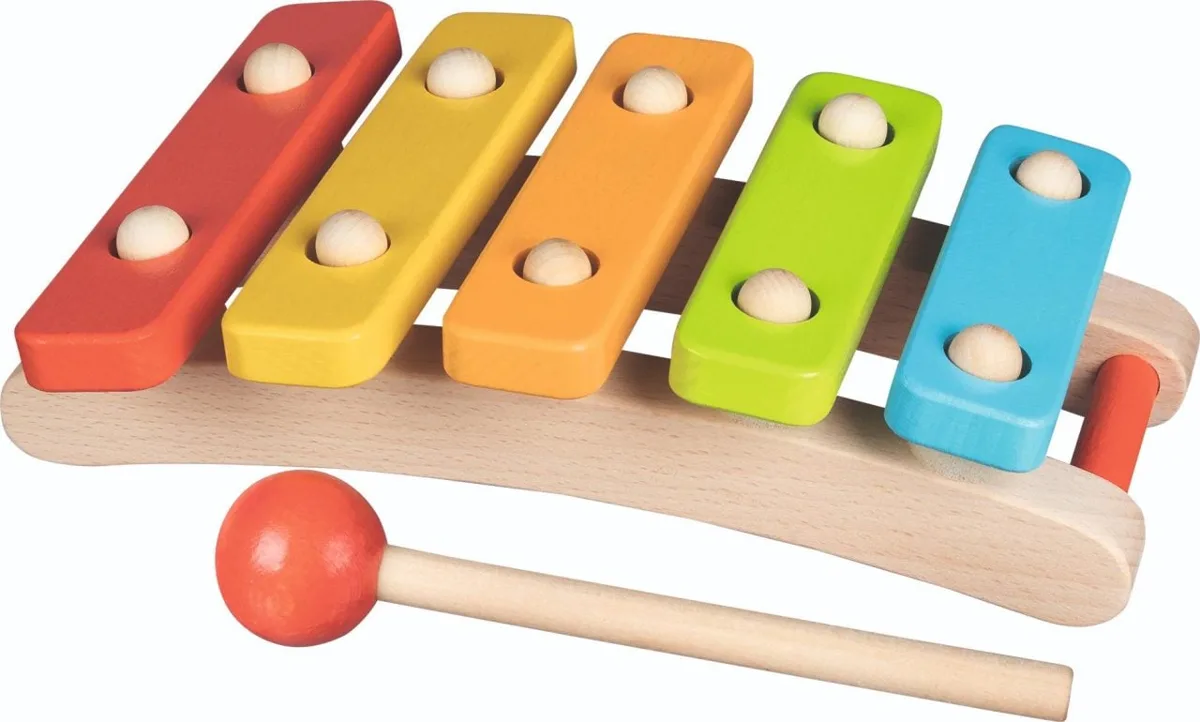 Goki Rainbow Xylophone with five coloured wooden bars in red, yellow, orange, green and blue, shown with a wooden mallet on a white background