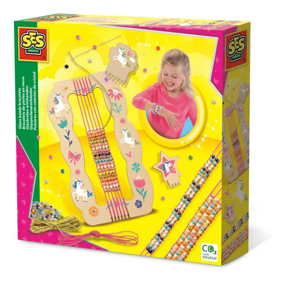 The SES Creative Glass Bead Bracelet Weaving Loom kit, showing the wooden harp-shaped loom, colourful beads, and examples of woven bracelets.