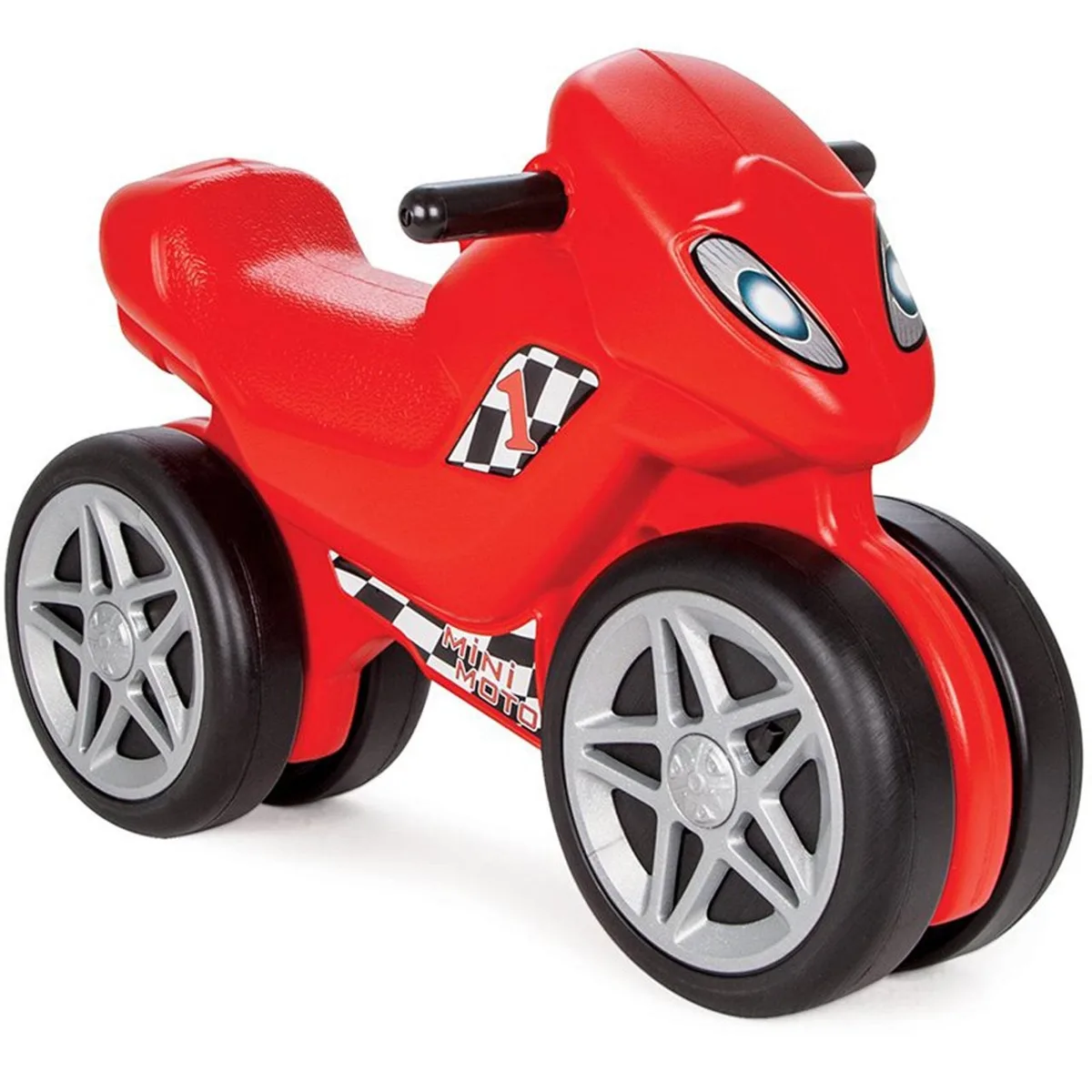 Pilsan Mini Moto red foot-to-floor ride-on motorbike for toddlers, featuring racing decals and four wide stable wheels