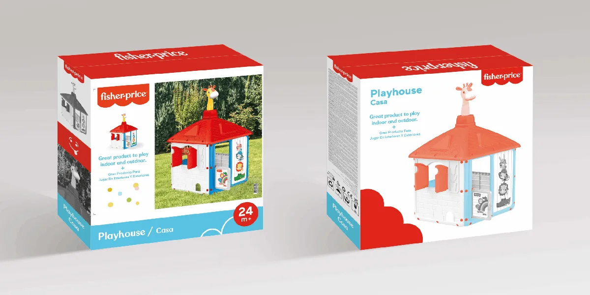 Dolu Fisher-Price Playhouse packaging box front and back showing 24 months plus age rating and indoor outdoor play claim