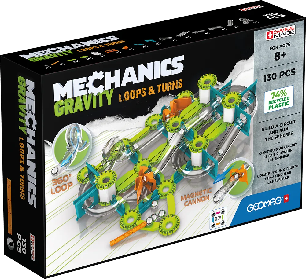 Geomag Mechanics Gravity Loops and Turns 130-piece set box, showing the assembled circuit with 360-degree loop and magnetic cannon, ages 8 plus