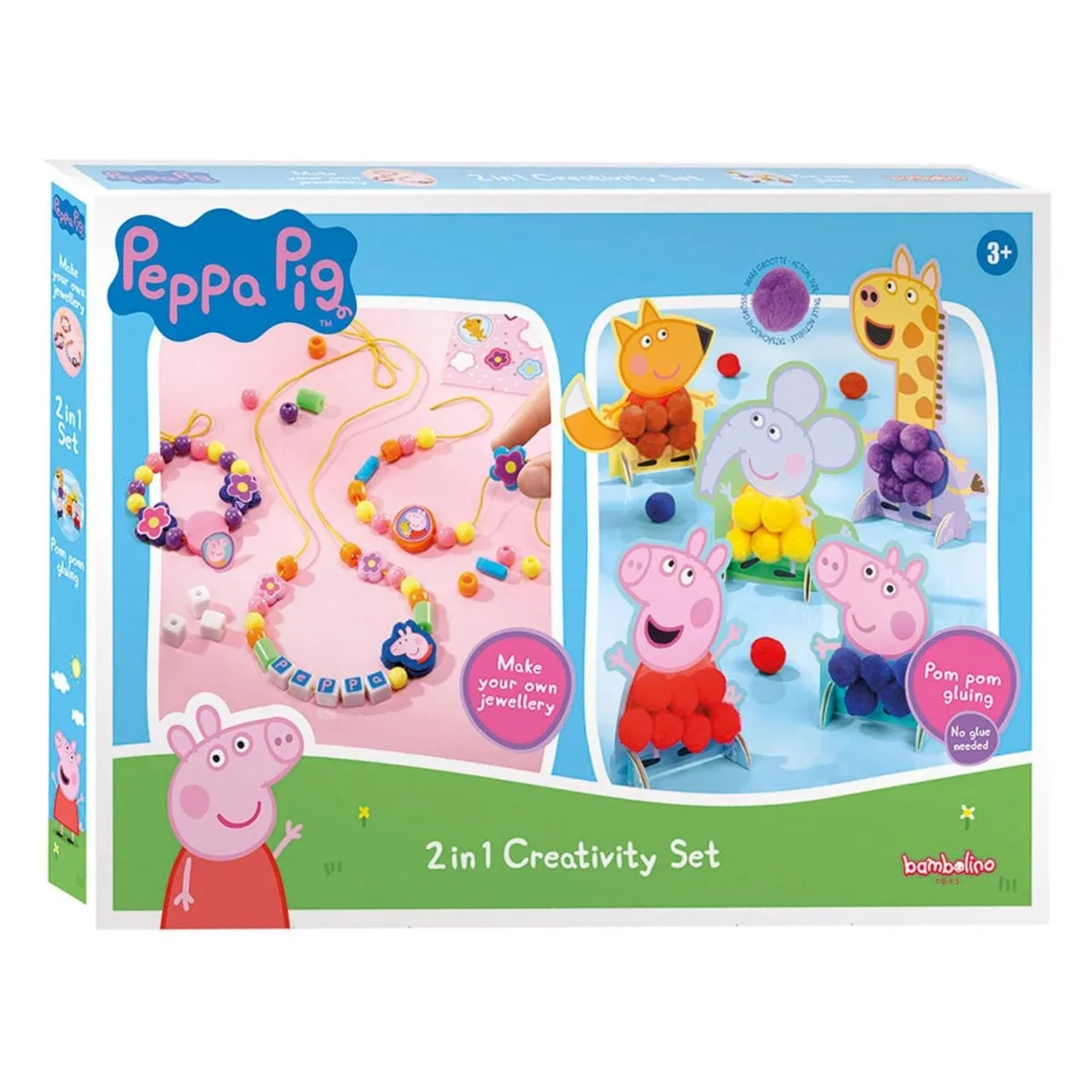 Peppa Pig 2in1 Creativity Set featuring beaded jewellery making with colourful beads and character charms, and pom-pom figure craft with Peppa Pig characters for ages 3+