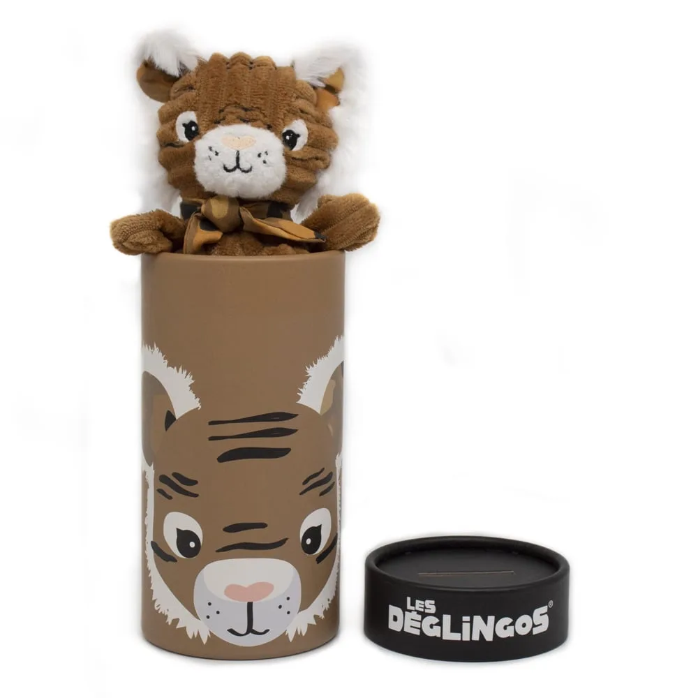 Les Déglingos Speculos the Tiger plush sitting inside the open character gift tube with the black branded lid removed beside it