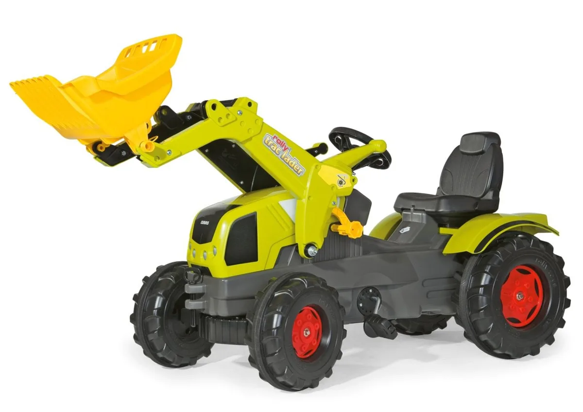 Rolly Toys Farmtrac Claas Axos 340 pedal tractor with yellow frontloader raised, in Claas green and grey, for children aged 3 to 10 years