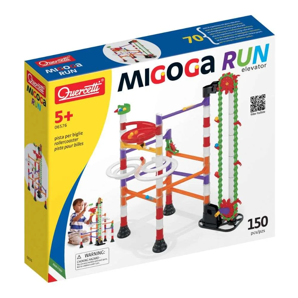 Quercetti Migoga Run Elevator marble run set box and built track showing hand-crank elevator, spirals, reels and coloured columns, 150 pieces, ages 5+