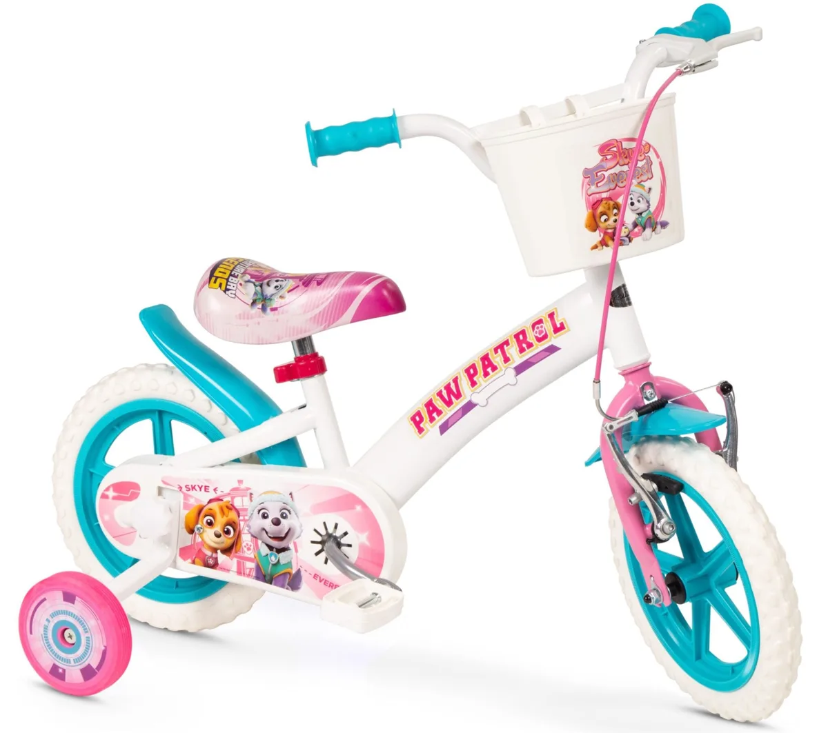 Toimsa PAW Patrol 12 inch bike in white and pink with Skye and Everest graphics, front basket, teal wheels and removable stabilisers