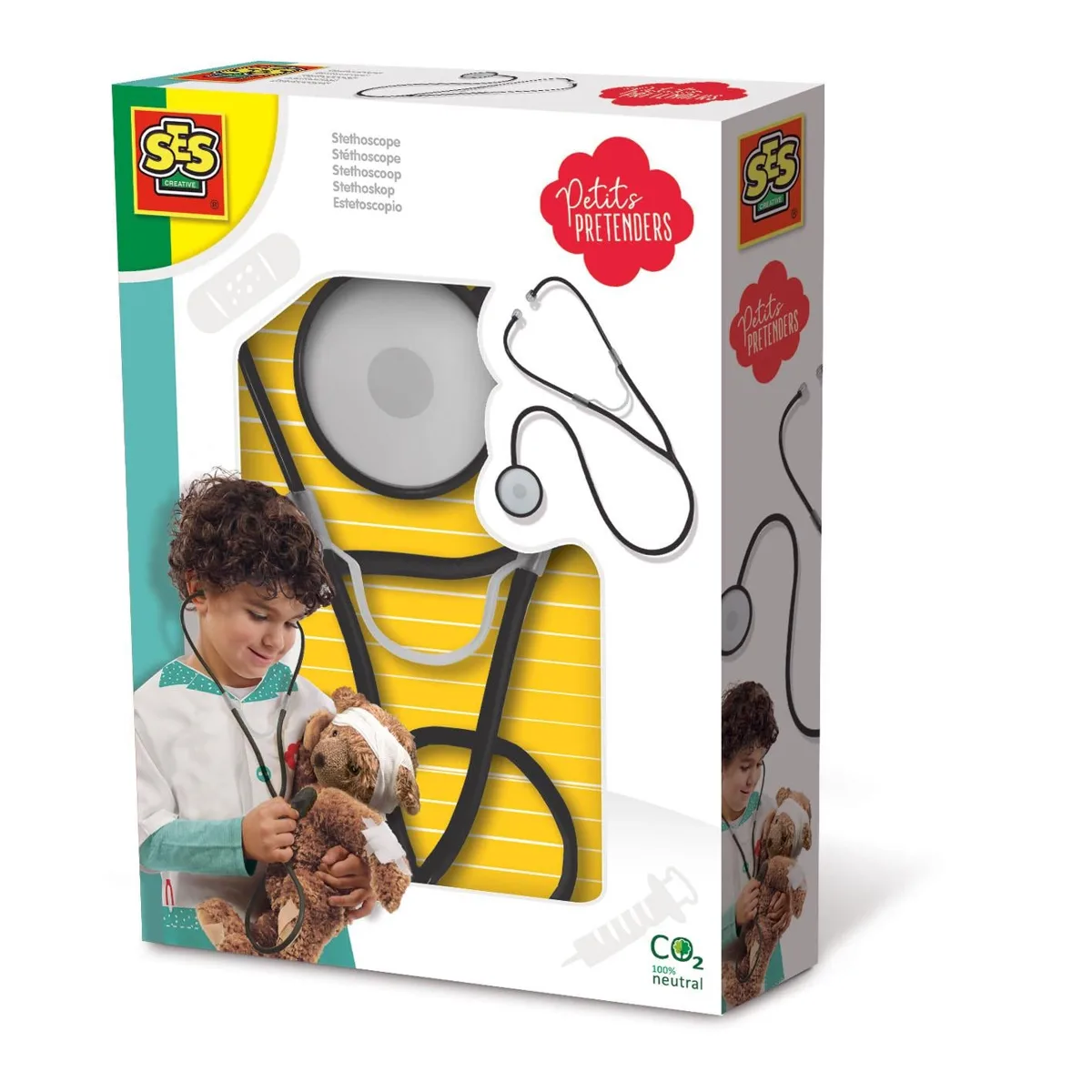 A child uses the SES Petits Pretenders working stethoscope to listen to the heartbeat of a stuffed animal.