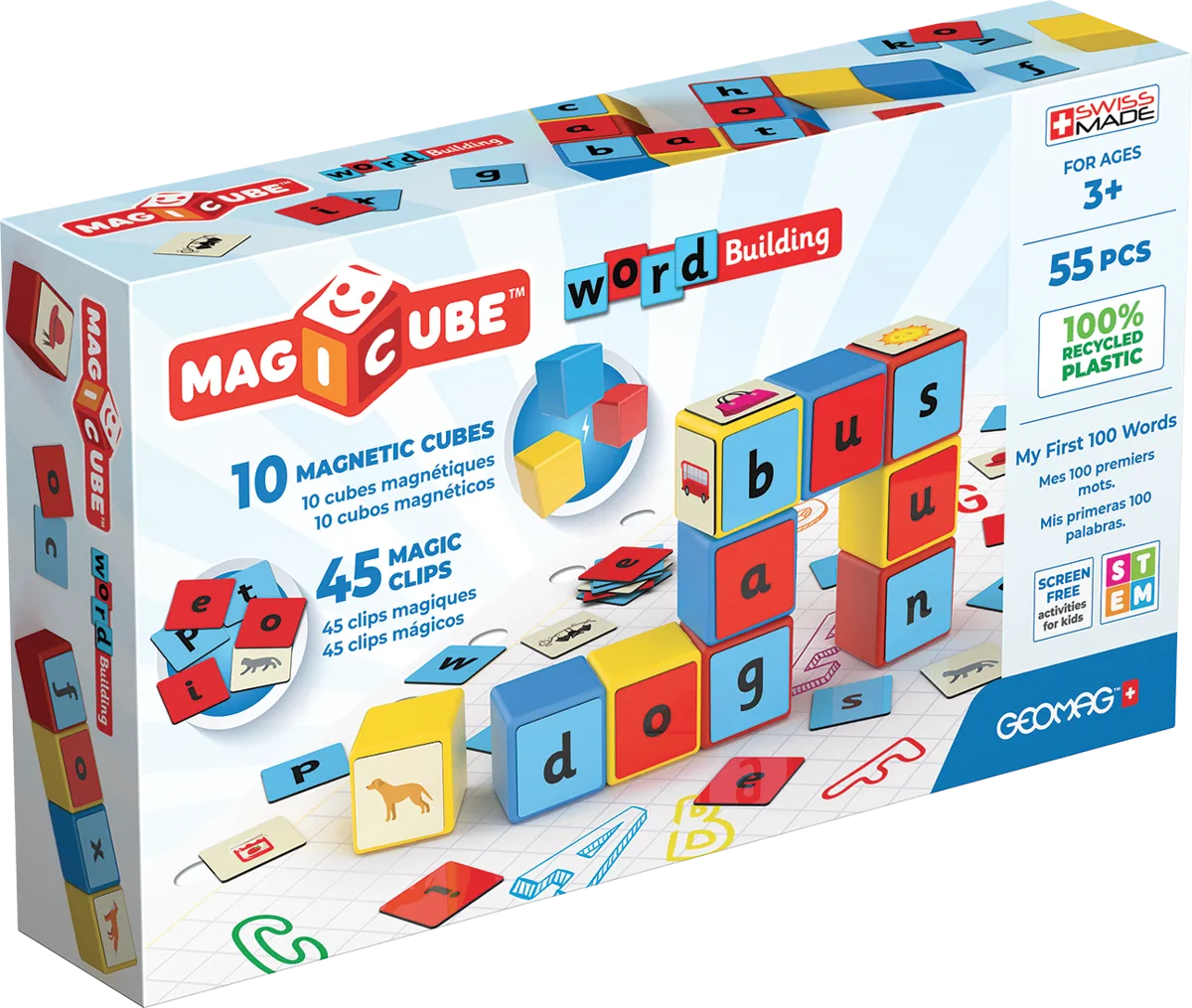 Geomag Magicube Word Building Set box showing 10 magnetic cubes and 45 letter and picture clips, for children aged 3 and over