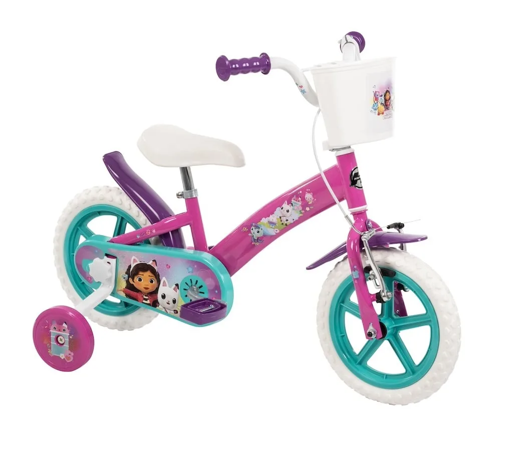 Toimsa Gabby's Dollhouse 12 inch kids bike in pink, purple and turquoise with character graphics, front basket and removable stabilisers