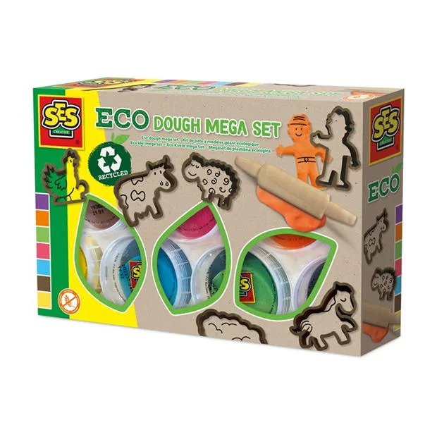 The SES Creative Eco Dough Mega Set, showing seven tubs of eco-friendly play dough, a wooden rolling pin, and farm animal cutters.