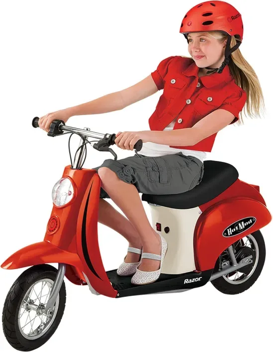 Girl riding red Razor Pocket Mod Hot Mod miniature electric scooter wearing a red helmet, shown on a white background