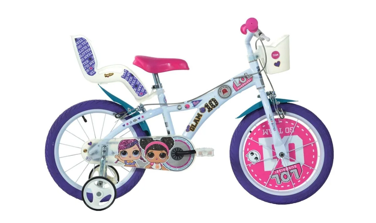 Dino Bikes L.O.L. Surprise! 16 inch girls bicycle in white, pink and purple with doll carrier, front basket and stabilisers