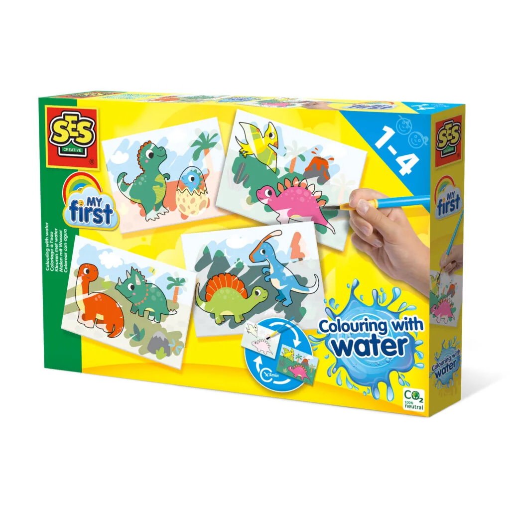 The SES Creative My First Colouring with Water - Dinos set, showing the magic reveal dinosaur cards and the safe paintbrush for toddlers.