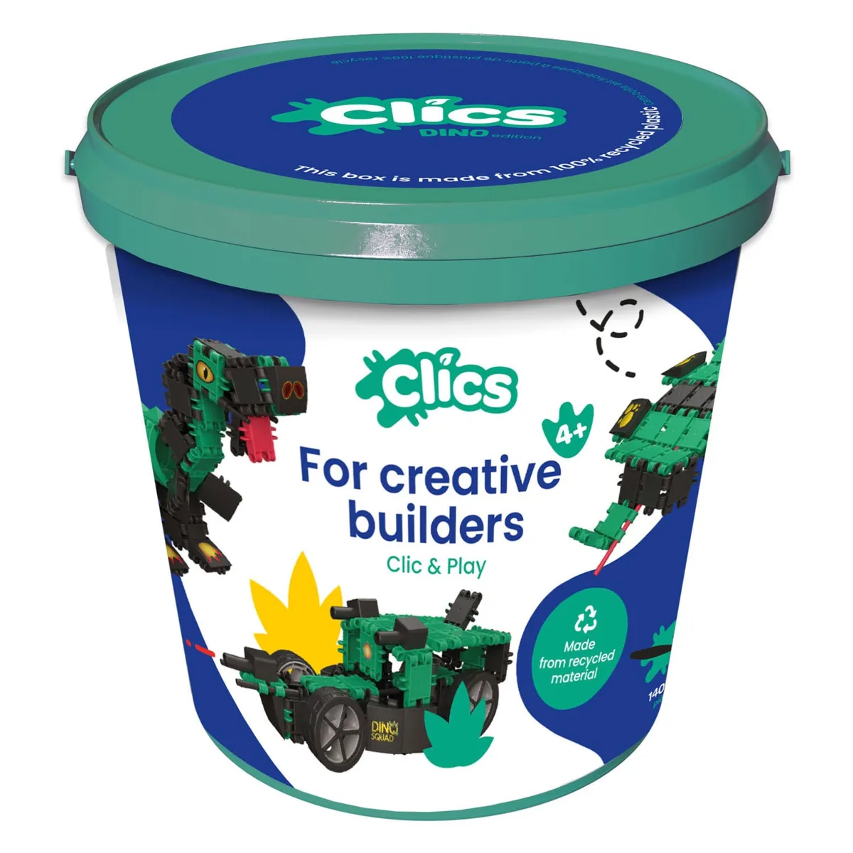 CLICS Dino Edition bucket building set in green recycled plastic tub showing T-Rex, dino vehicle and prehistoric models for ages 4 and up