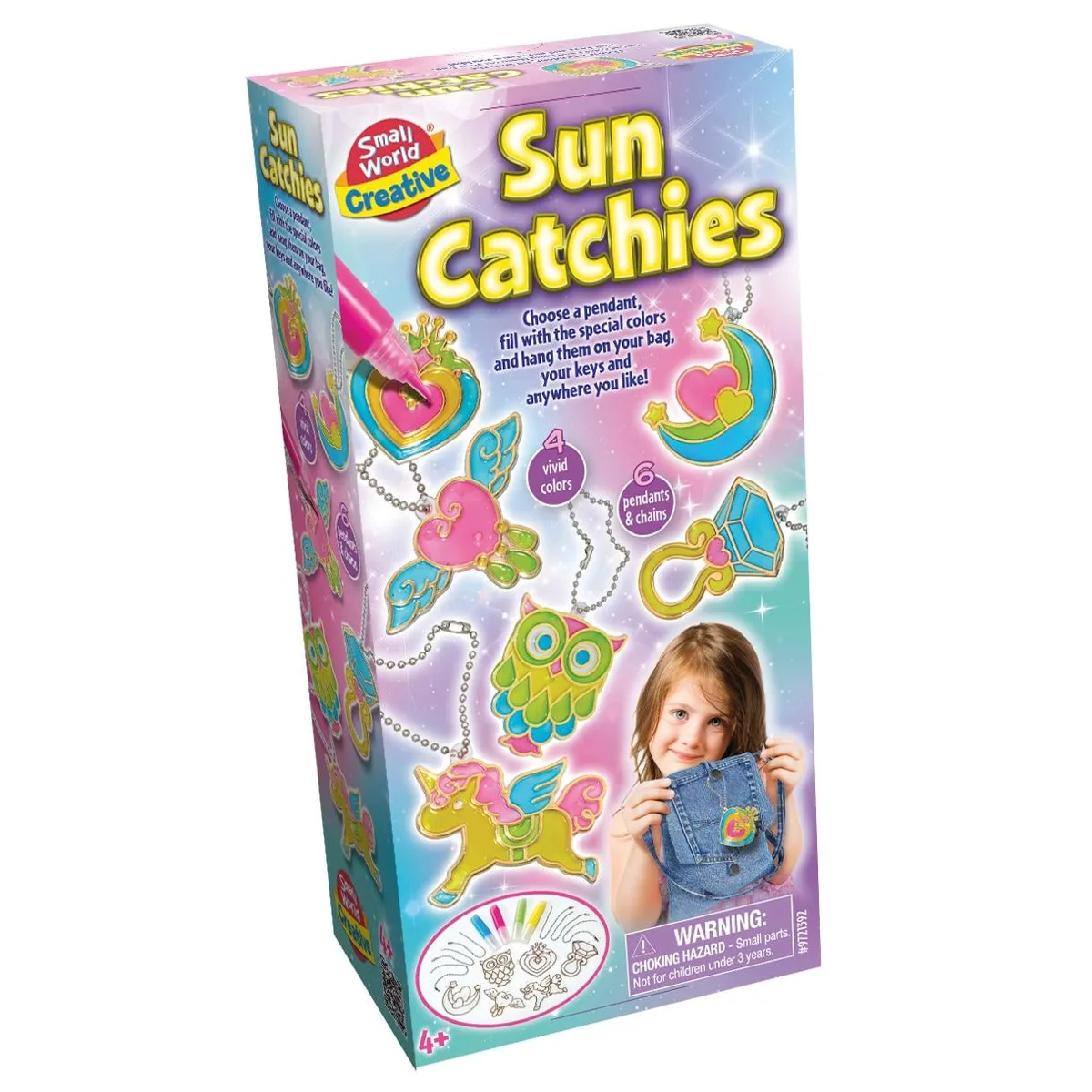 The box for the Small World Creative Sun Catchies Kit, showing the six pendants, paint, and examples of the finished colourful suncatchers.