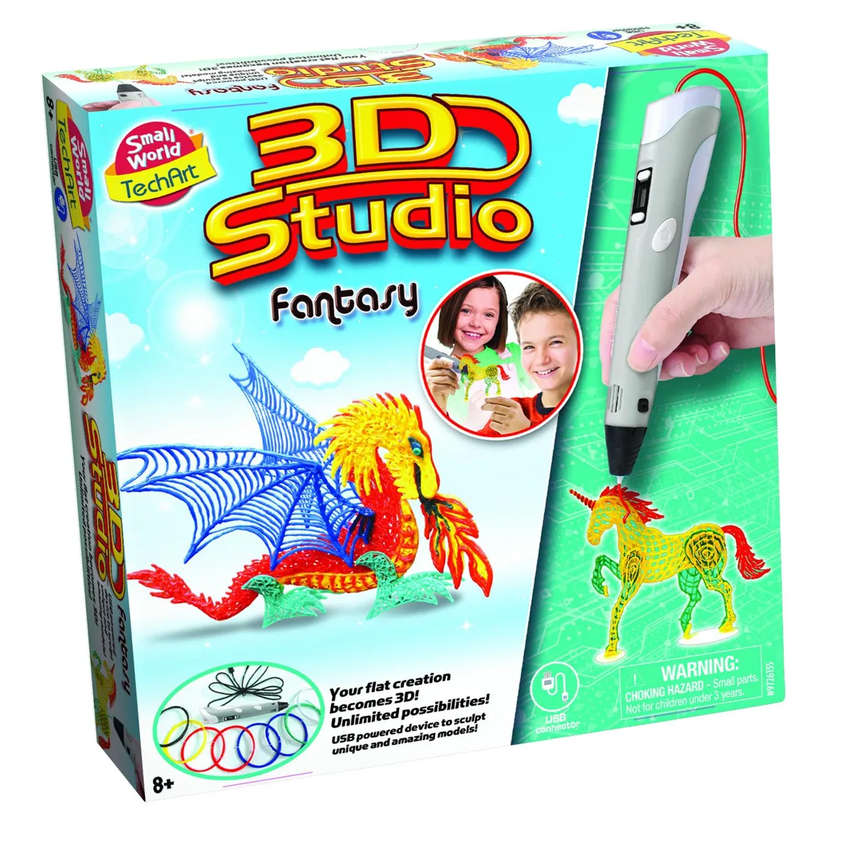 The box for the Small World Tech Art 3D Pen Fantasy Studio, showing the 3D pen and completed models of a dragon and a unicorn.