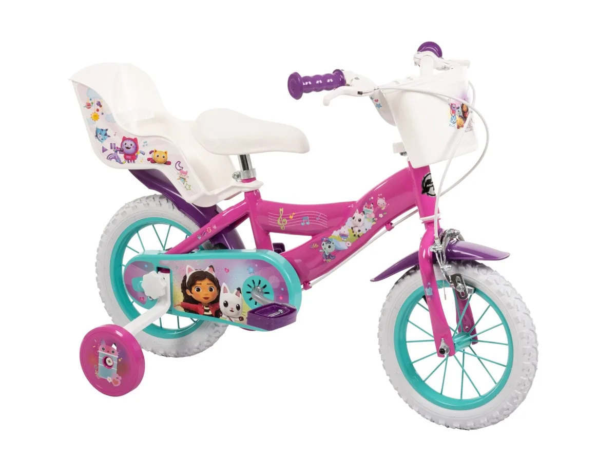 Toimsa Gabby's Dollhouse 14 inch kids bike in pink, purple and turquoise with stabilisers, front basket and rear doll carrier seat