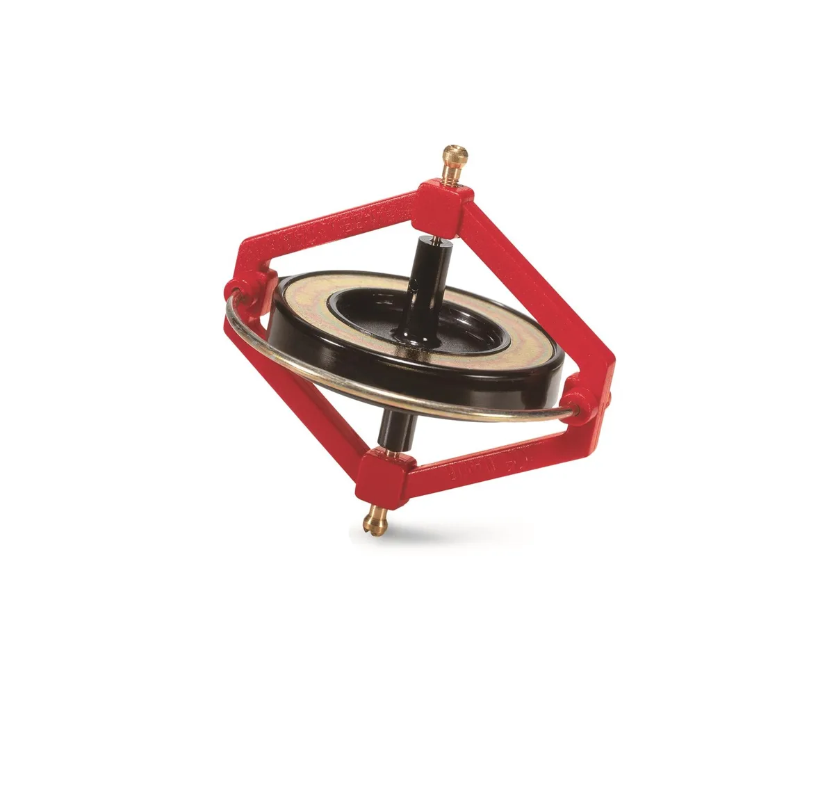 Navir Space Wonder Gyroscope in red, showing the red metal frame, black rotor, and gold axle tips against a white background