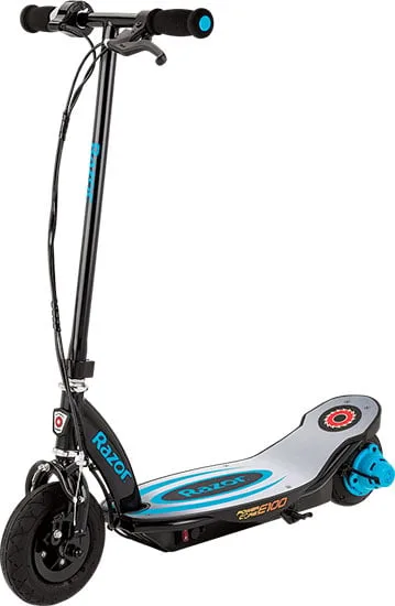 Razor Power Core E100 electric scooter in blue and black with LED light-up deck, pneumatic front tyre, and foam grips, on white background