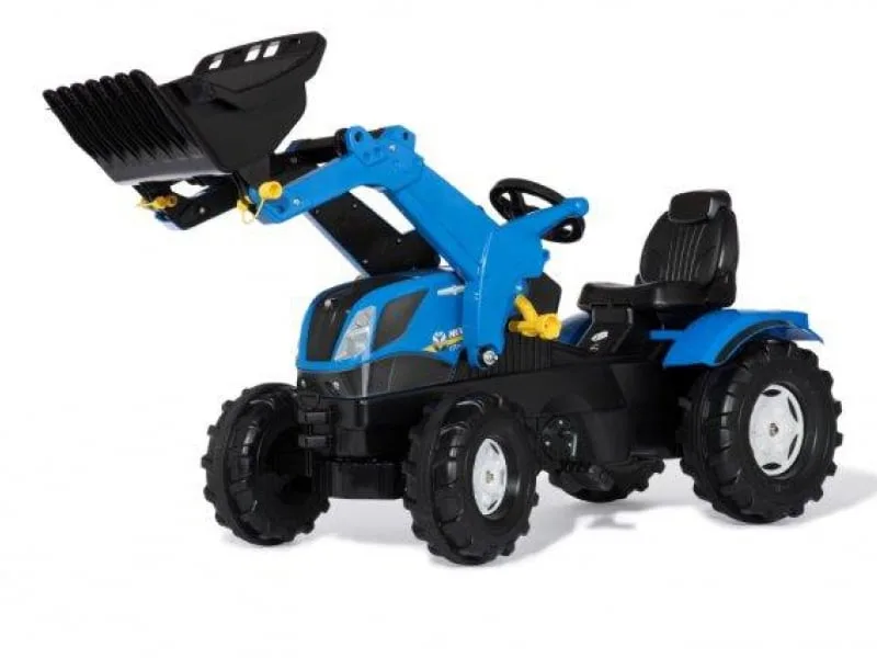Rolly Toys Farmtrac New Holland T7 blue pedal tractor with working black frontloader raised, shown on white background
