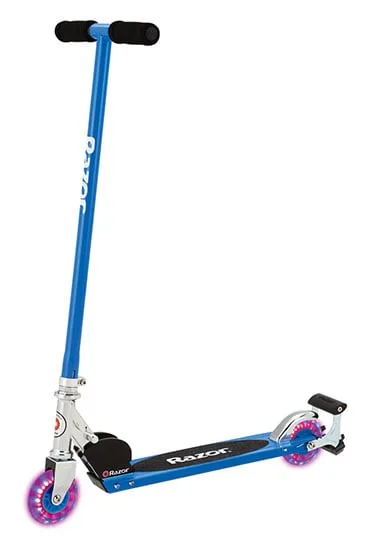 Razor S Spark Scooter in blue with purple LED wheels, foot-operated spark bar over rear wheel, adjustable handlebars, suitable for ages 8 and above