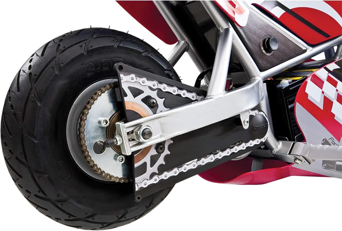 Razor GP Pocket Rocket 24V rear wheel chain drive and suspension detail showing steel frame and pneumatic tyre