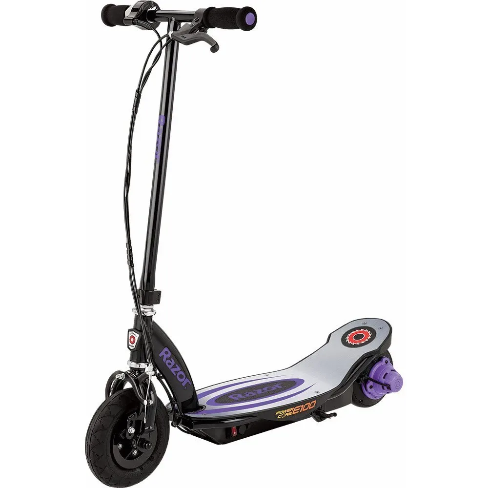 Razor Power Core E100 electric scooter in purple and black with pneumatic front tyre, twist-grip throttle and hand brake, for ages 8 and up
