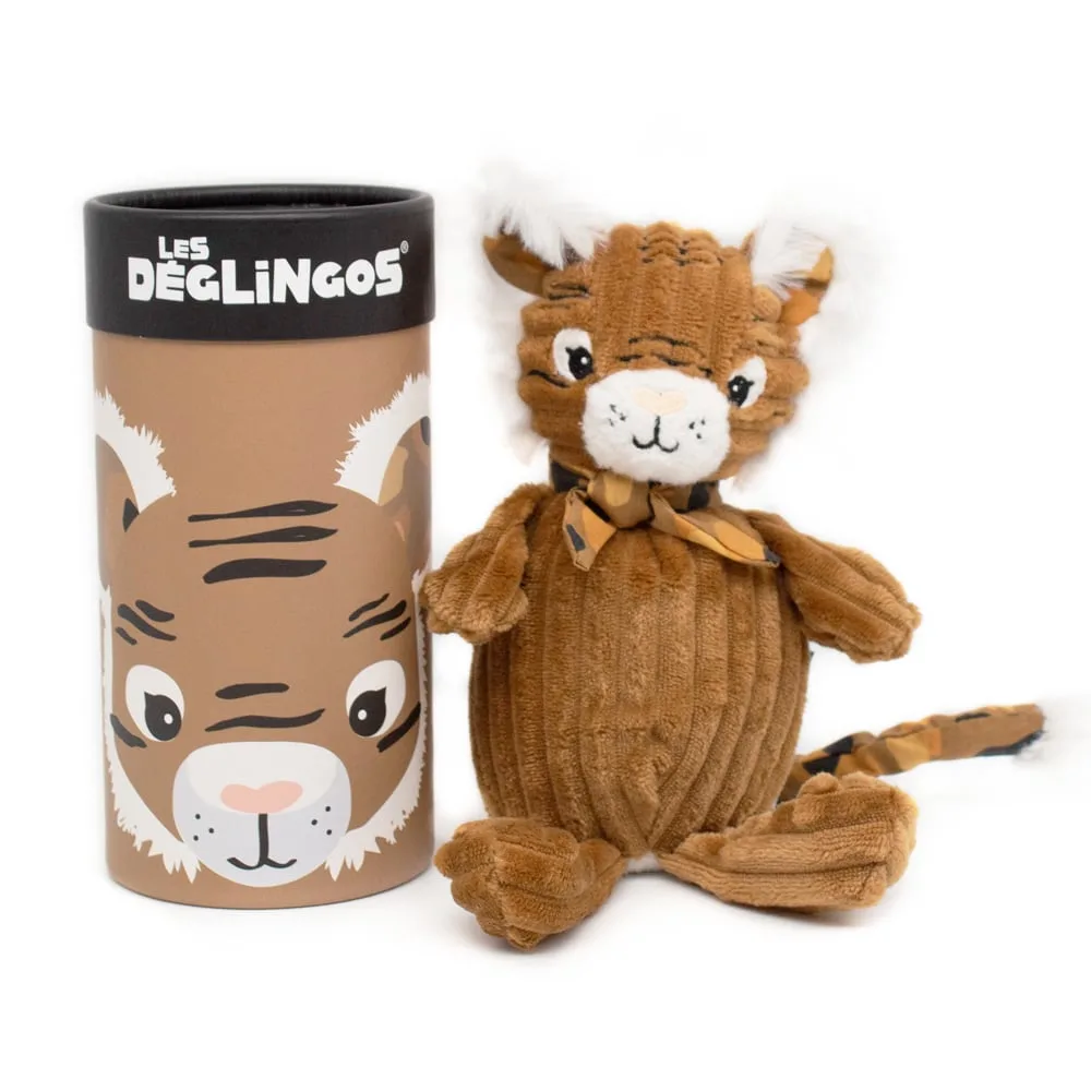 Les Déglingos Speculos the Tiger small simply corduroy plush toy shown beside its character-printed brown gift tube on a white background