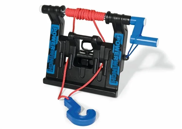 Rolly Toys Power Winch tractor attachment in black and blue with red 3-metre tow rope and large plastic hook, for ages 3 to 10