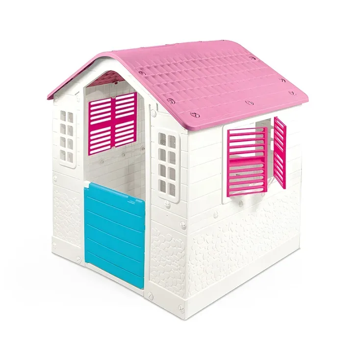 Dolu kids outdoor playhouse in pink and white with pink roof, blue door, pink shutters and opening windows, for ages 2 and up