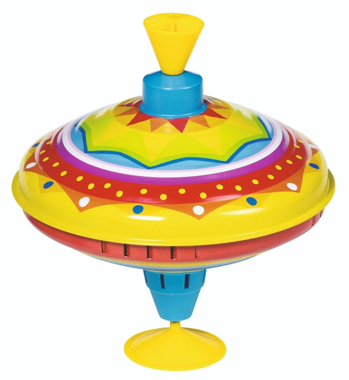The Goki Classic Humming Top, a colourful metal spinning top with a push-handle, ready to spin.