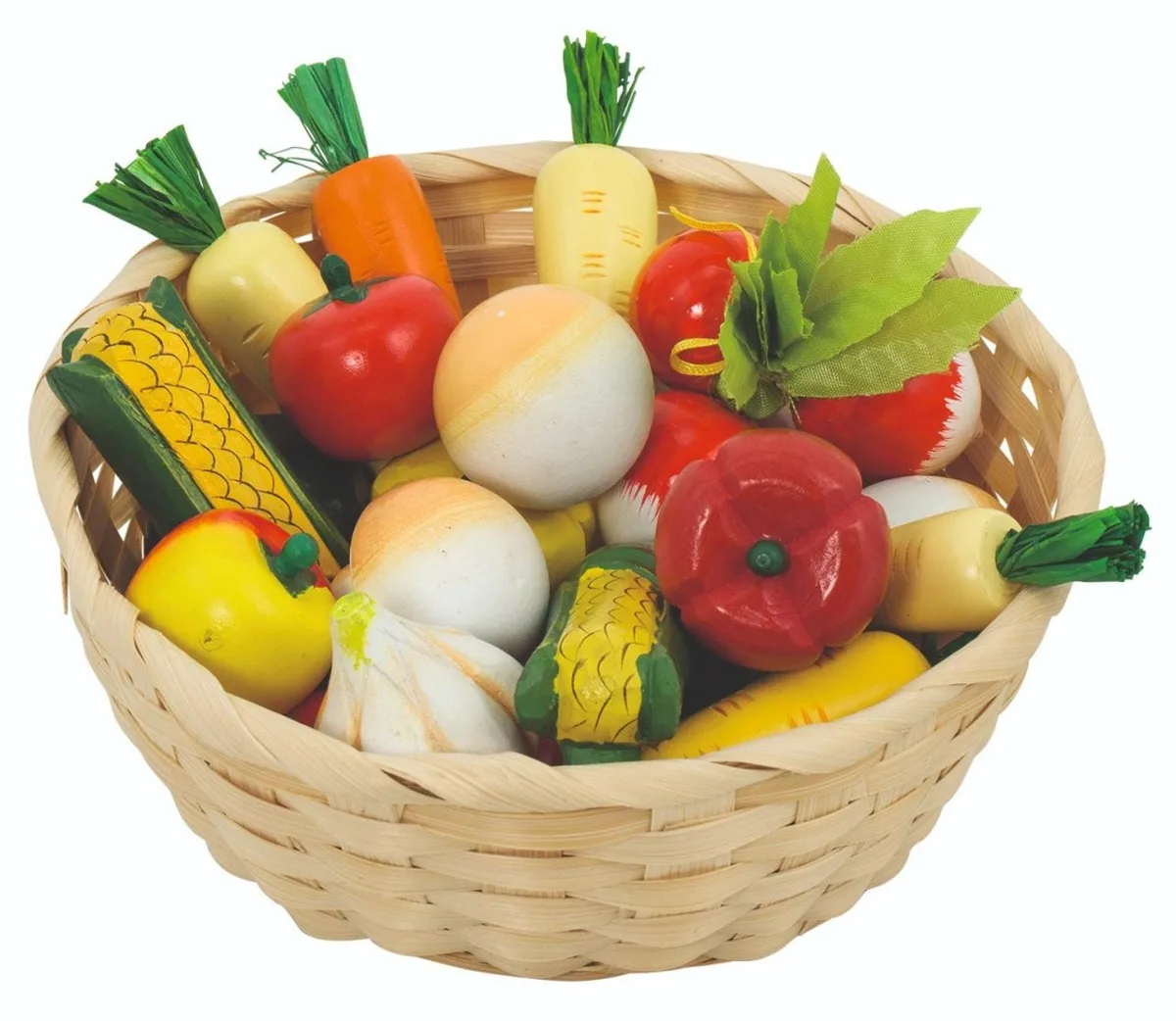 The Goki Vegetables in a Basket, a wicker shopping basket filled with a variety of colourful wooden play vegetables like carrots and tomatoes.
